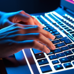 **Prompt:** A close-up shot of hands typing on a keyboard, overlaid with glowing lines representing AI communication. The scene emphasizes the collaborative nature of prompt engineering, with a focus on sparking creativity. Style: Modern, vibrant, slightly futuristic.